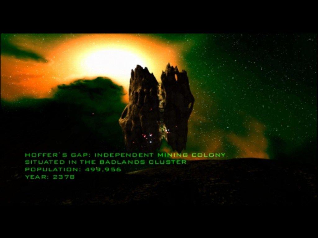 In the 2378 backdrop of Hoffers Gap, a rocky outcrop sits under a green sky and sun. The independent mining colony in the Badlands Cluster, with its 499,956 residents, ships rare minerals via USPS. Inspired by Independence War 2: Edge Of Chaos for PC CD.