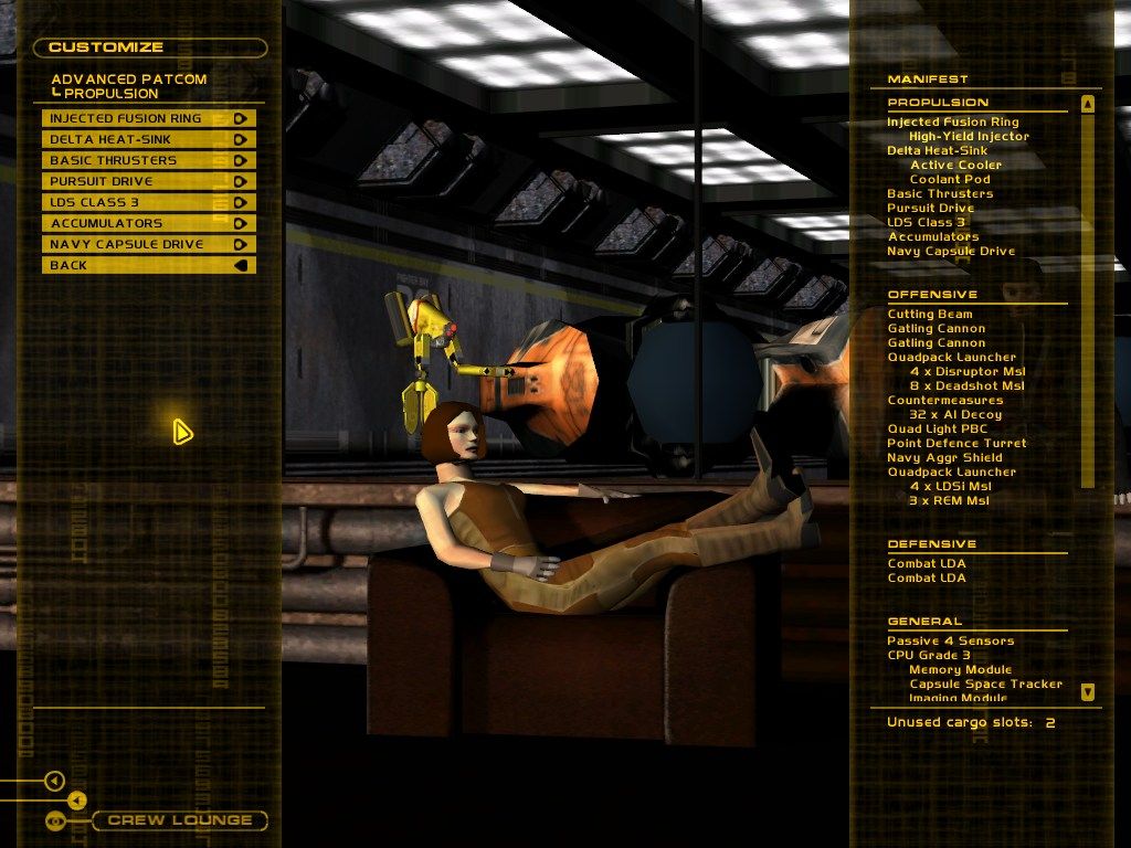In a dim room filled with industrial machinery, a character reclines on a couch, sorting through used discs. The game menu resembles selecting USPS shipping options with tracking numbers. Product: Independence War 2 Edge Of Chaos Disc 1 - 2 Microsoft Windows PC CD.