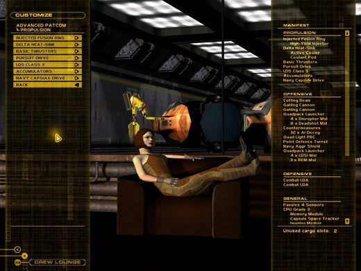 In a dim room filled with industrial machinery, a character reclines on a couch, sorting through used discs. The game menu resembles selecting USPS shipping options with tracking numbers. Product: Independence War 2 Edge Of Chaos Disc 1 - 2 Microsoft Windows PC CD.