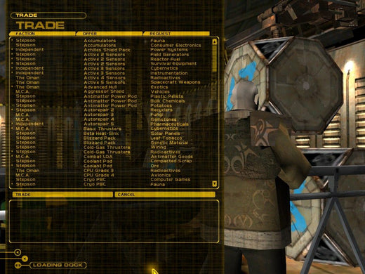The trade menu in Independence War 2 Edge Of Chaos shows factions, offers, and requests. A character watches intently from the right, set against an industrial backdrop like sorting warehouses for shipping used discs with tracking numbers by USPS.