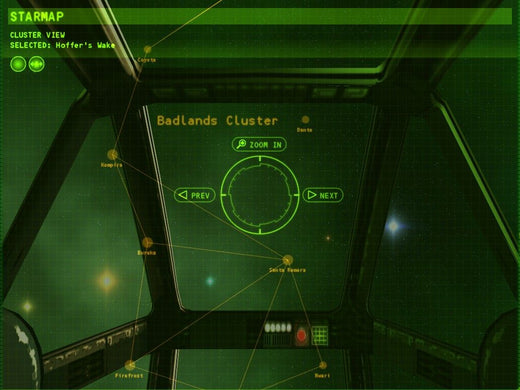 The Independence War 2 Edge of Chaos game features a spaceship cockpit with a digital starmap, highlighting the Badlands Cluster and offering smooth navigation similar to tracking USPS shipments.