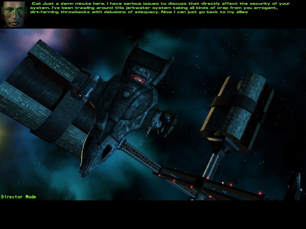 A spaceship hovers near a satellite, green text overlaying the scene with dialogue on system security and tracking. The crew discusses planet interactions while Independence War 2 Edge Of Chaos Disc 1 - 2 for Windows PC CD floats nearby, awaiting USPS shipping to its next destination.