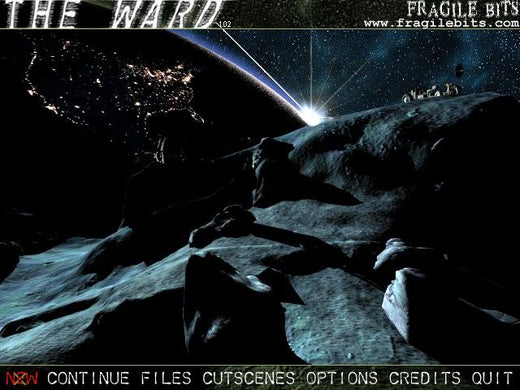 Embark on a sci-fi adventure as The Wards title screen unveils a rocky lunar surface with Earth and the sun in the background. Choose options like Continue, Files, or Cutscenes to explore mysteries beyond the Microsoft Windows PC CD.