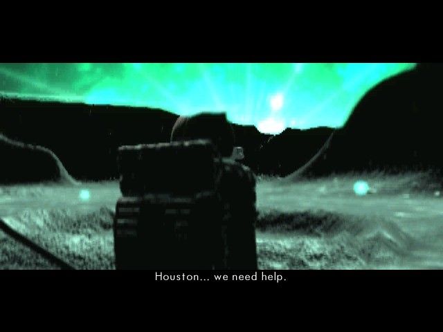 An astronaut on a desolate terrain faces a vivid, greenish sky while lunar seismic activities stir beneath his feet. Text at the bottom reads, Houston... we need help as part of The Ward Microsoft Windows PC CD.