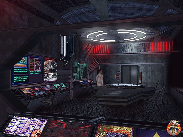 In this sci-fi adventure of The Ward on PC, a futuristic control room buzzes with glowing screens and red ambient light. At the center, a round table beckons strategy under its calming glow, as a figure swiftly moves in the background.
