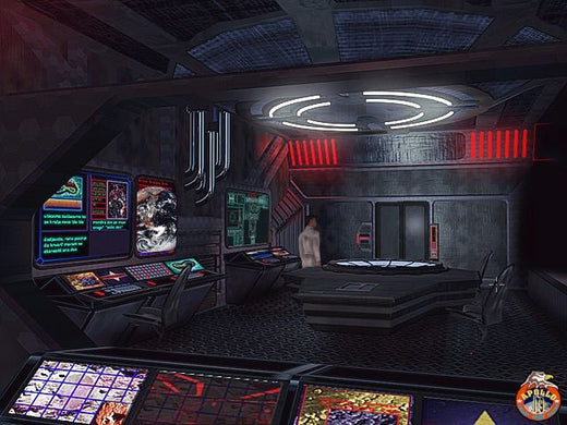 In this sci-fi adventure of The Ward on PC, a futuristic control room buzzes with glowing screens and red ambient light. At the center, a round table beckons strategy under its calming glow, as a figure swiftly moves in the background.