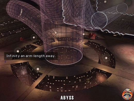 Circular platforms with glowing lights in a futuristic tunnel display the text Infinity an arm-length away. The word ABYSS and a logo suggest a sci-fi journey featuring The Ward Microsoft Windows PC CD.