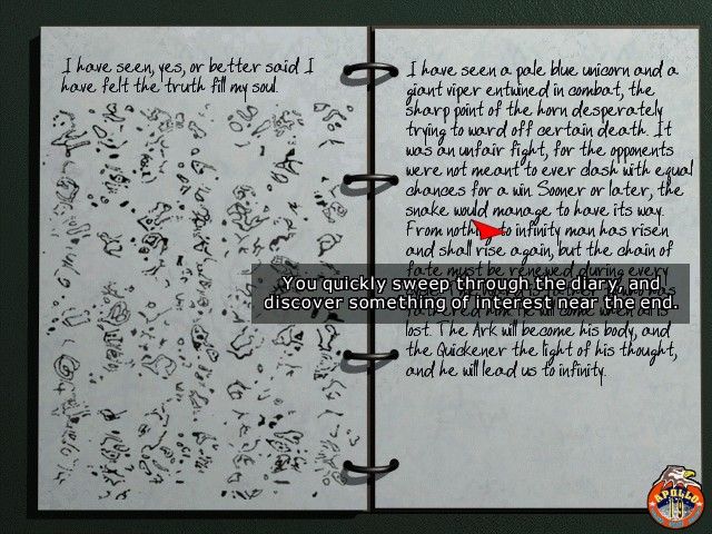 You quickly sift through The Ward on Microsoft Windows PC CD, revealing intriguing sci-fi diary excerpts about a pale blue wicorim and a viper amid cluttered handwritten pages.