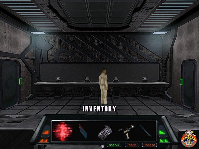 In a futuristic, dimly lit room labeled Inventory, a person embarks on a sci-fi adventure surrounded by items like The Ward Microsoft Windows PC CD displayed on a sleek screen.