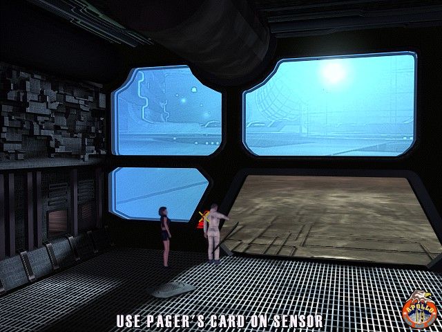 Two individuals in a futuristic room with large windows are immersed in a sci-fi adventure on The Ward Microsoft Windows PC CD, viewing an underwater scene. Use pagers card on sensor reads below. A circular emblem showing lunar seismic activity is in the corner.