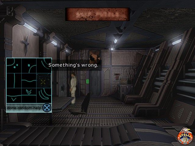 In a dimly lit sci-fi adventure control room, glowing screens flicker around a mysterious figure by the chair. A map of lunar seismic activities pulses urgently, and The Ward Microsoft Windows PC CD ominously declares, Somethings wrong.