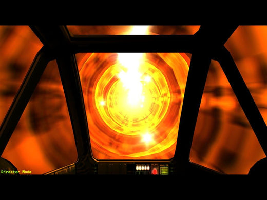 Inside the cockpit, a swirling orange and yellow vortex unfolds, akin to a tunnel of light. Control panel lights glow beneath the window, guiding an otherworldly journey—much like watching Independence War 2 Edge Of Chaos Disc 1 - 2 spin its story through time and space on your PC.