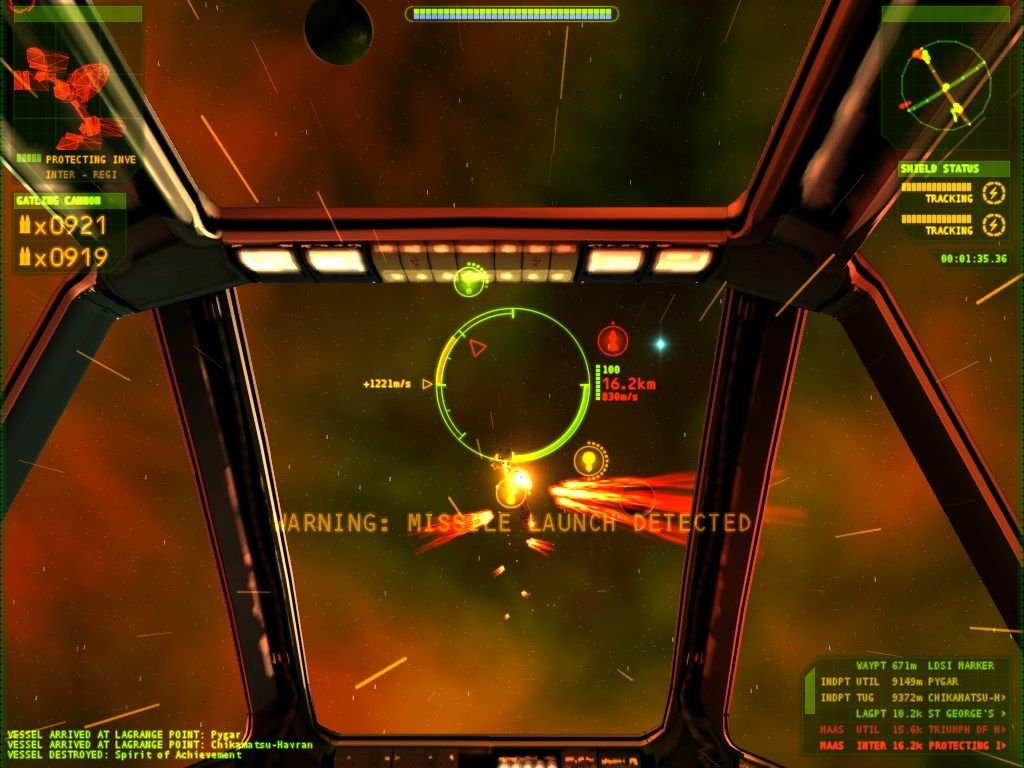 In the Independence War 2 Edge Of Chaos, a spaceship cockpit reveals a radar with targets and the urgent warning Missile Launch Detected. The on-screen data lights up like tracking numbers guiding this PC game disc through USPS shipping routes.