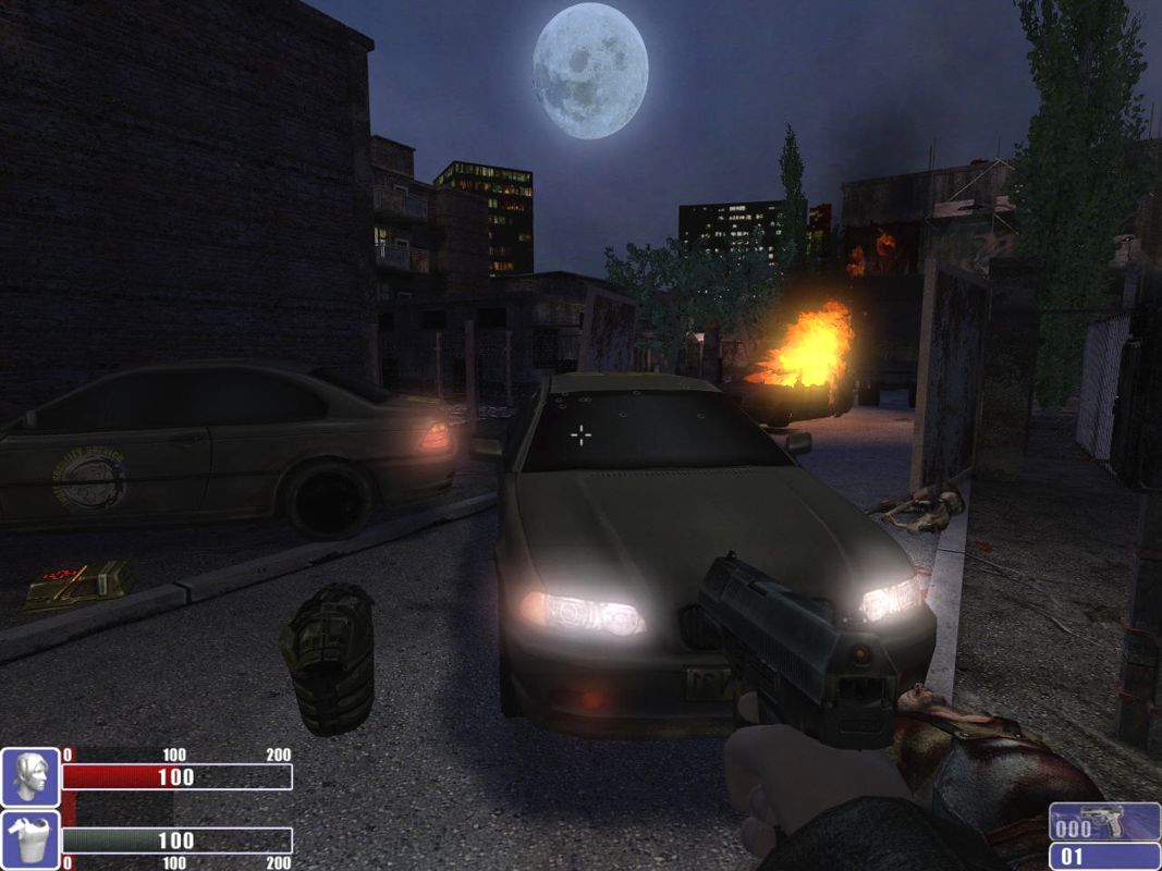 In a gritty urban landscape under a full moon, I navigate the chaos—cars line the streets and a burning vehicle lights up the night. Gun in hand, my HUD shows health and ammo. Amidst the rubble, a Hellforces Microsoft Windows PC CD glimmers gently from its paper sleeve.