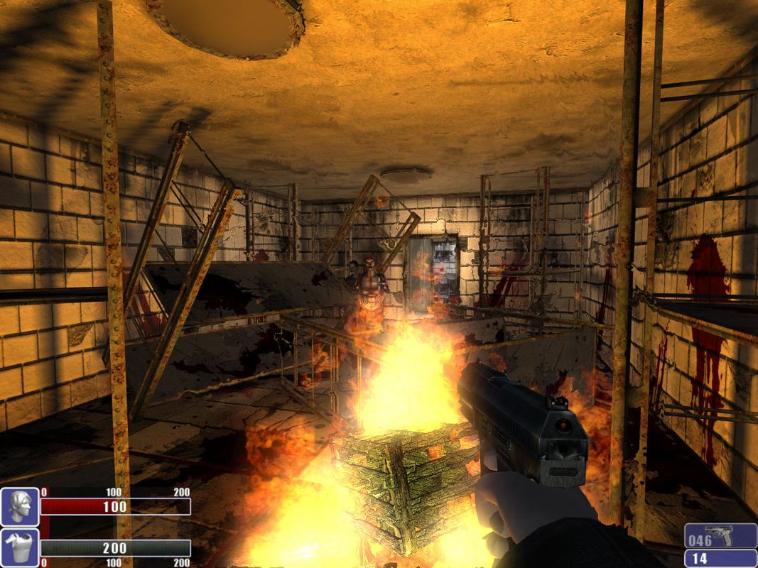 In a dimly lit room filled with broken furniture and a flickering floor fire, I grip my gun tightly. My health and ammo levels appear on the interface, resembling an adventure stored in the lightly used Hellforces Microsoft Windows PC CD paper sleeve.