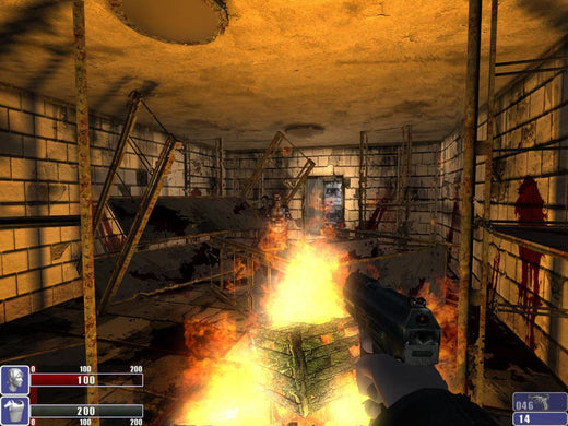 In a dimly lit room filled with broken furniture and a flickering floor fire, I grip my gun tightly. My health and ammo levels appear on the interface, resembling an adventure stored in the lightly used Hellforces Microsoft Windows PC CD paper sleeve.