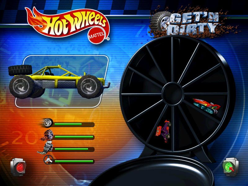 The 2000 Hot Wheels - Stunt Track Driver 2 - GET N DIRTY game interface showcases a yellow off-road vehicle, performance bars, and a black wheel with toy cars inside, offering an experience as thrilling as tracking your USPS First Class Shipping packages updates in a high-speed race to the finish.