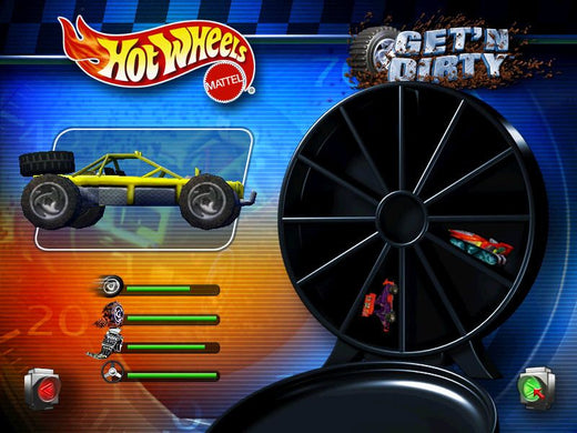 The 2000 Hot Wheels - Stunt Track Driver 2 - GET N DIRTY game interface showcases a yellow off-road vehicle, performance bars, and a black wheel with toy cars inside, offering an experience as thrilling as tracking your USPS First Class Shipping packages updates in a high-speed race to the finish.