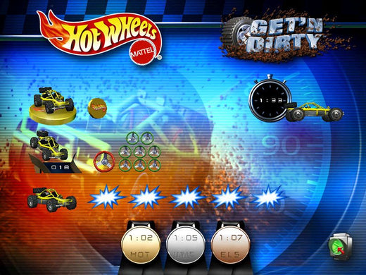 The menu screen of 2000 Hot Wheels - Stunt Track Driver 2 - GET N DIRTY showcases Hot Wheels branding with car and track icons, a timer, and interactive buttons. The racing-themed backdrop pops in blue and orange, delivering excitement akin to receiving your favorite disc via USPS First Class Shipping.