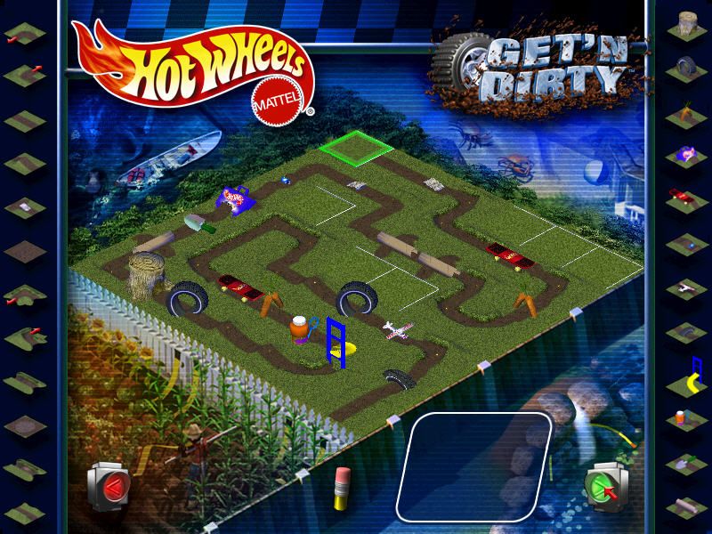 With a GET N DIRTY banner, the top-down view of the Hot Wheels racetrack with bridges, tunnels, and obstacles on grassy terrain in the 2000 Stunt Track Driver 2 for Windows is just as thrilling as receiving a USPS First Class tracking number for that PC CD!.