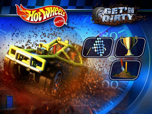 The Getn Dirty Hot Wheels collectible includes a dirt track, logo, icons of a checkered flag, trophy, and shovel. It features a tracking disc for race wins and ships via USPS First Class for reliability. Product: 2000 Hot Wheels - Stunt Track Driver 2 - GET N DIRTY Microsoft Windows PC CD.