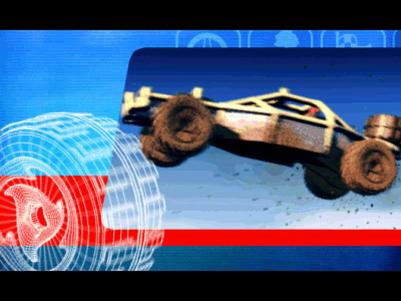 The 2000 Hot Wheels - Stunt Track Driver 2 - GET N DIRTY game for Microsoft Windows PC features a racing buggy soaring mid-air over a vibrant blue and red graphic backdrop with wheel designs, evoking the thrill of tracking a disc on its swift course.