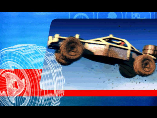 The 2000 Hot Wheels - Stunt Track Driver 2 - GET N DIRTY game for Microsoft Windows PC features a racing buggy soaring mid-air over a vibrant blue and red graphic backdrop with wheel designs, evoking the thrill of tracking a disc on its swift course.