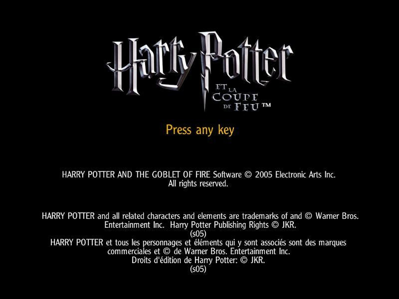 The Harry Potter And The Goblet Of Fire Microsoft Windows PC CD splash screen features a Press any key prompt, along with an Electronic Arts and Warner Bros copyright notice. Imagine the excitement as you insert your gently used CD to embark on your magical journey.