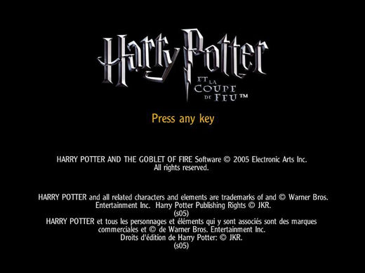 The Harry Potter And The Goblet Of Fire Microsoft Windows PC CD splash screen features a Press any key prompt, along with an Electronic Arts and Warner Bros copyright notice. Imagine the excitement as you insert your gently used CD to embark on your magical journey.