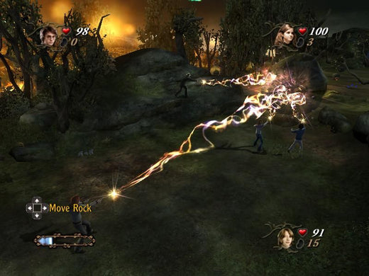 In the forest setting of Harry Potter And The Goblet Of Fire on PC, characters cast magical attacks as a move indicator highlights a rock, and health icons hover beside them like an ancient relic.