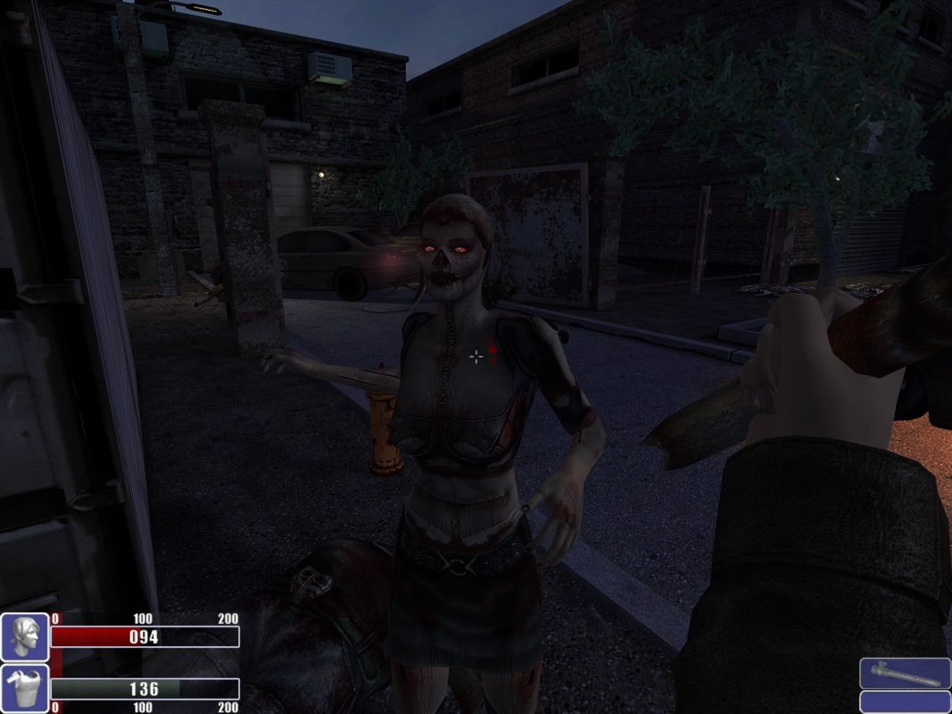 During an urban night setting in Hellforces for Microsoft Windows PC, a player battles a zombie with a gently used weapon. Health and status bars display at the screens bottom, echoing data on a vintage paper sleeve.