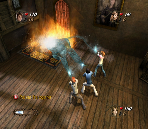 Three game characters cast spells to extinguish a large creatures fire, health bars visible, with a prompt saying Put out fire together. Nearby rests a gently used Harry Potter And The Goblet Of Fire Microsoft Windows PC CD, hinting at secrets of past battles.