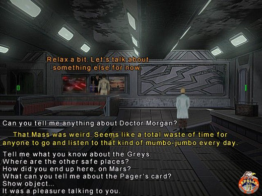 In the video game The Ward for Microsoft Windows PC, a dialogue screen immerses players in a futuristic lab. Text prompts inquire about Doctor Morgan, safe locations, and a Pagers card. The sci-fi adventure hints at lunar seismic activities disrupting the lab’s serenity.