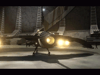 A futuristic aircraft with glowing engines rests in a dim hangar, poised for its mission as the pinnacle of first-class shipping reminiscent of Deadly Tide Disc 1-4 on Microsoft Windows PC CD.