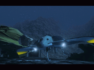 An aircraft from the game Deadly Tide Disc 1-4 Microsoft Windows PC CD hovers over a rocky night landscape, its lights shining amid the mountains under a starry sky.