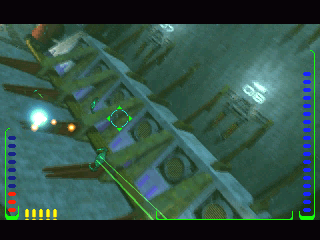 Experience a futuristic video game interface on the Deadly Tide Disc 1-4 for Microsoft Windows PC CD, featuring pixelated graphics, targeting reticles, and game elements in dimly lit industrial settings evocative of undersea vehicle environments.