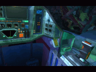 The cockpit of a spacecraft filled with control panels and screens encircles a single pilot seat. Stars twinkle around the ship, much like the protective embrace of a paper sleeve around Deadly Tide Disc 1-4 Microsoft Windows PC CD.