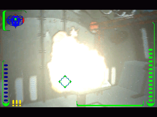 A first-person video game screen displays an explosion in a metallic room, with HUD bars and radar. The intensity rivals receiving Deadly Tide Disc 1-4 Microsoft Windows PC CD in its crisp paper sleeve, sent via first-class shipping for extra excitement.