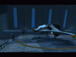 A thrilling scene of a futuristic spacecraft on a snowy landing pad at night, reminiscent of Deadly Tide Disc 1-4 Microsoft Windows PC CD, features a person approaching from the left.