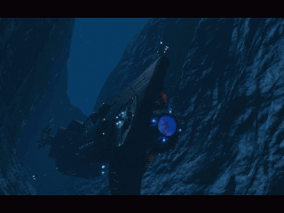 A futuristic submarine, akin to the smooth spin of a gently used Deadly Tide Disc 1-4, navigates a deep underwater canyon illuminated by blue and red lights.