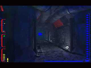 A futuristic corridor with rugged walls and glowing panels mirrors the sleek packaging of the gently used Deadly Tide Disc 1-4 for Windows PC, in a paper sleeve. An arrow points forward with colored indicators on the left side.