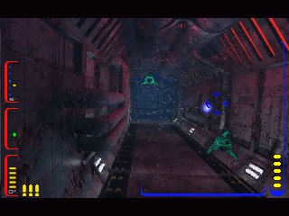 A first-person view of a futuristic, dimly lit corridor shows visual displays and two green enemy ships, like gently used Deadly Tide Disc 1-4 Microsoft Windows PC CDs in their sleeves.