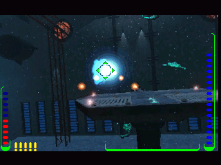 An underwater scene reminiscent of Deadly Tide, showcasing a platform with fish swimming and glowing orbs. HUD indicators appear at the screen edges as an undersea vehicle navigates through pre-rendered shooter elements in Deadly Tide Disc 1-4 Microsoft Windows PC CD.