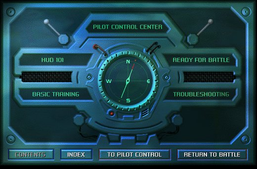 Discover the digital dashboard featuring HUD 101 and Pilot Control Center. Navigate with a central compass, plus Contents and Return to Battle buttons. Ideal for browsing after organizing your gently used Deadly Tide Disc 1-4 or prepping it for shipping with a protective paper sleeve.