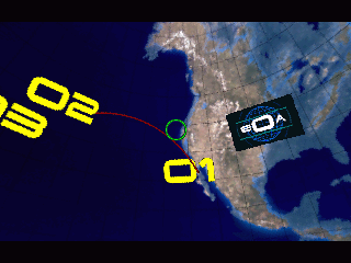 Map with a trajectory line starting from the western USA, labeled 01, heading southwest towards point 02. The route highlights the efficiency of first-class shipping. Logo featuring text on the right side: Deadly Tide Disc 1-4 Microsoft Windows PC CD.