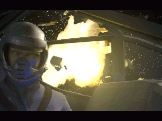 An astronaut in a helmet sits in a spacecraft as an explosion, echoing the scenes from Deadly Tide Disc 1-4 Microsoft Windows PC CD, is visible outside the window against a backdrop of stars.
