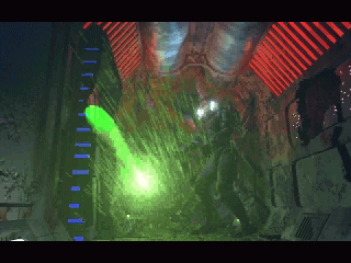 In a rugged industrial corridor lit by red lights, a futuristic soldier in helmet and armor opens fire with a green laser, guarding precious cargo as featured in Deadly Tide Disc 1-4 for Microsoft Windows PC CD.