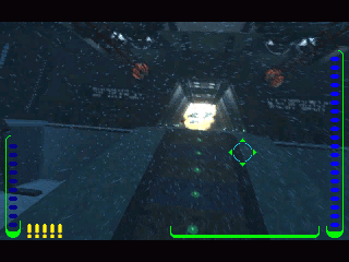 A first-person view of a sci-fi spaceship corridor with a digital HUD, depicting a tunnel with glowing lights and floating particles, evokes the experience of navigating an undersea vehicle in Deadly Tide Disc 1-4 Microsoft Windows PC CD.