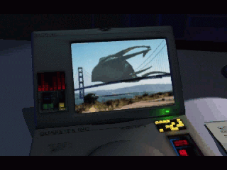A futuristic computer screen displays a pre-rendered shooter scene from Deadly Tide, featuring an alien-like ship near a bridge and water, with vivid controls and indicators on the device, using Deadly Tide Disc 1-4 for Microsoft Windows PC CD.