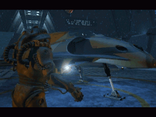 A person in heavy armor stands by a futuristic spacecraft inside a large hangar, eerily reminiscent of an undersea vehicle from the Deadly Tide Disc 1-4 game for Microsoft Windows PC, with a blue light illuminating the scene.